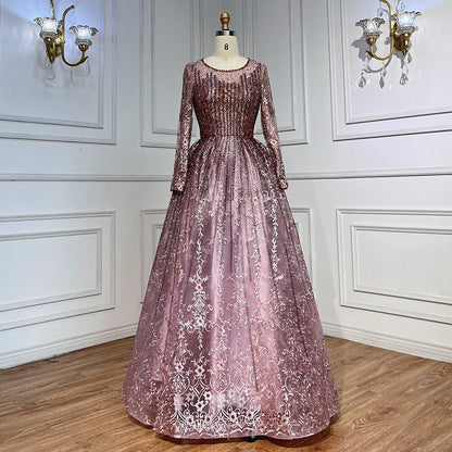 Pink Muslim A Line Long Sleeves Evening Dresses Arabic Luxury Beaded Gowns 2025 For Women Wedding Party LA70552A