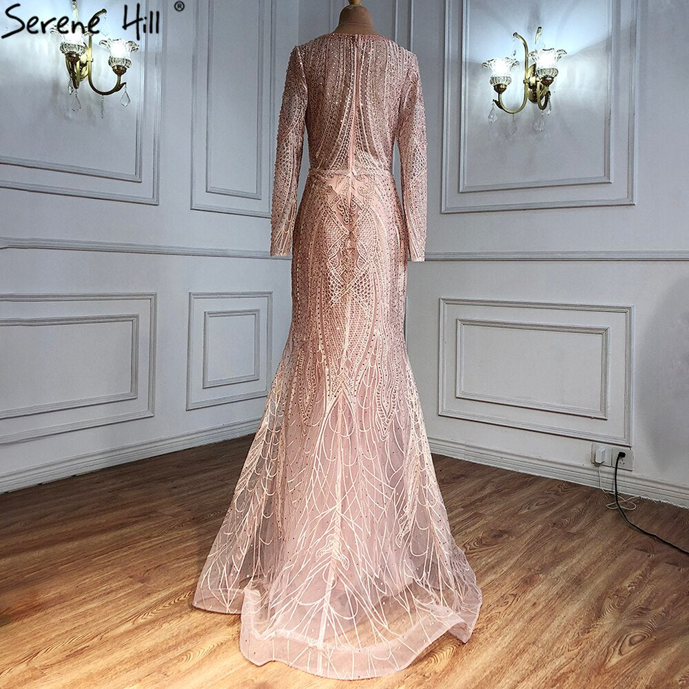 Vestidos de noche musulmanes de lujo en rosa, estilo sirena, con cuentas, elegantes, para mujer, para fiesta de boda, LA71182 