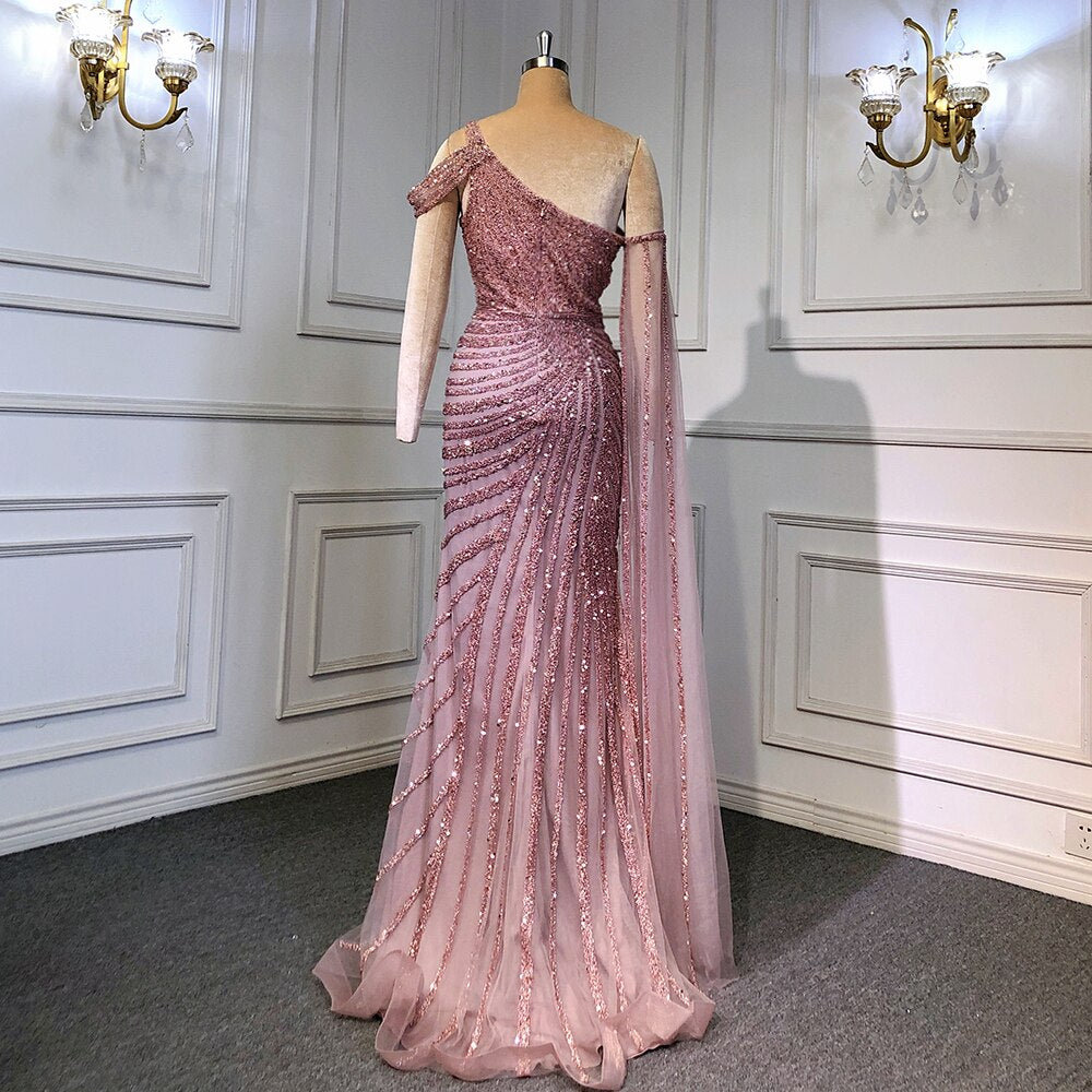 Pink One-Shoulder Cape Sleeve Evening Dresses Gowns 2025 Luxury Mermaid Beaded Elegant For Women Party LA71589