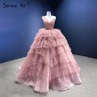Pink One Shoulder Wedding Dresses 2025 Ruffles Beaded Sexy Bridal Gowns HM66934D Custom Made