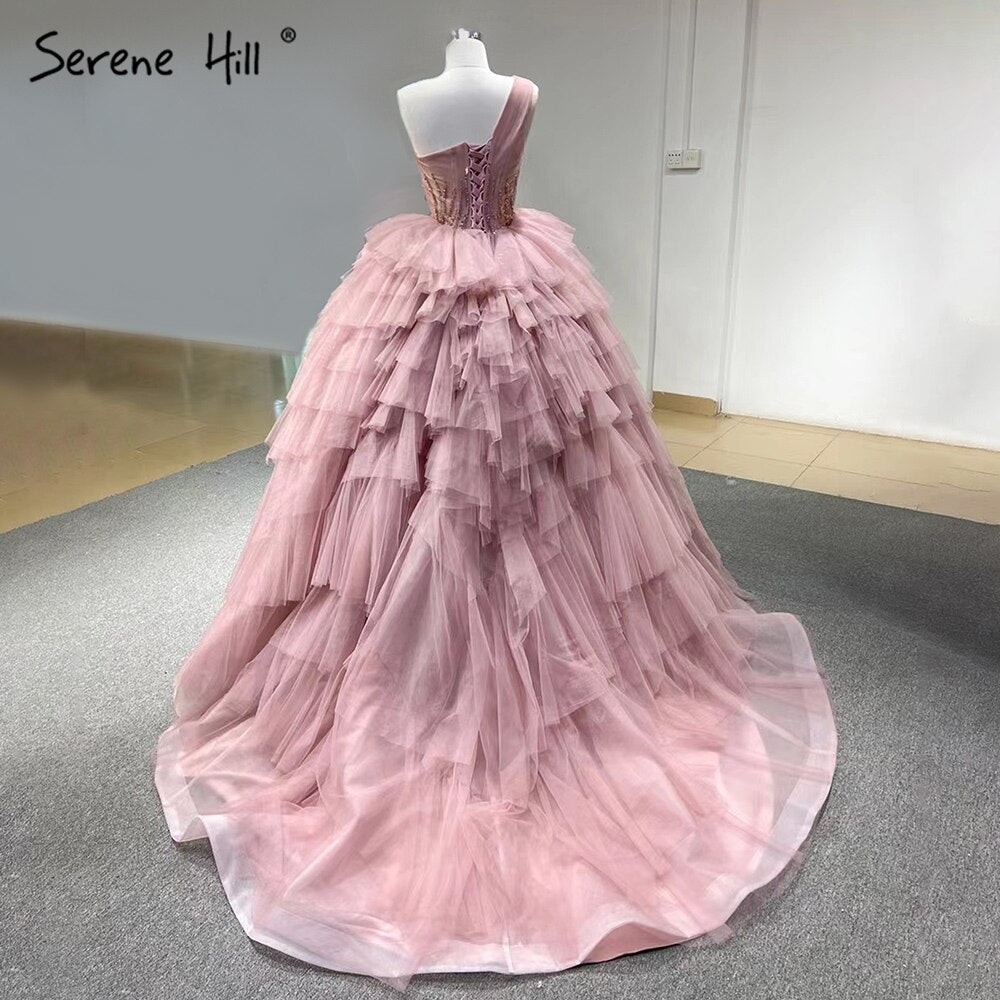 Pink One Shoulder Wedding Dresses 2025 Ruffles Beaded Sexy Bridal Gowns HM66934D Custom Made