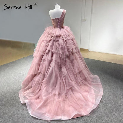 Pink One Shoulder Wedding Dresses 2025 Ruffles Beaded Sexy Bridal Gowns HM66934D Custom Made