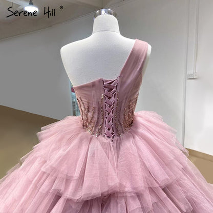 Pink One Shoulder Wedding Dresses 2025 Ruffles Beaded Sexy Bridal Gowns HM66934D Custom Made