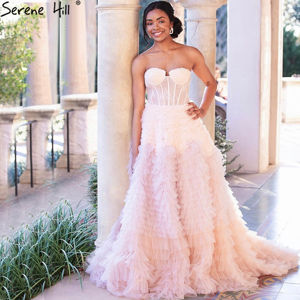 Pink Ruffles Sexy Evening Dresses Gowns 2025 A-Line Tiered High-end For Women Party LA71221
