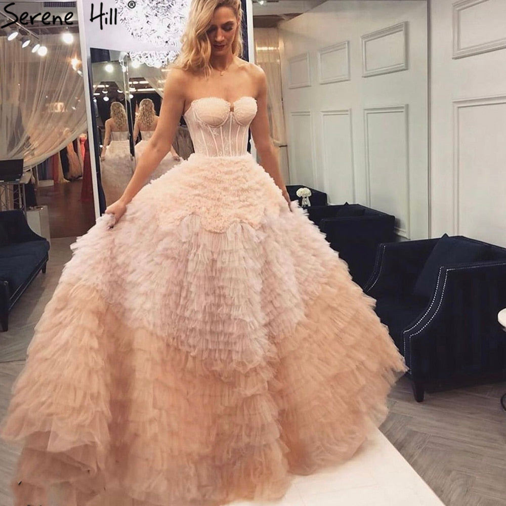 Rosa Rüschen Sexy Abendkleider Kleider 2025 A-Linie Tiered High-end Für Frauen Party LA71221 