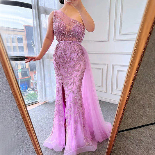 Pink Sexy High Split Mermaid Elegant Evening Dresses Gowns Luxury Beaded 2025 For Women Party LA71582