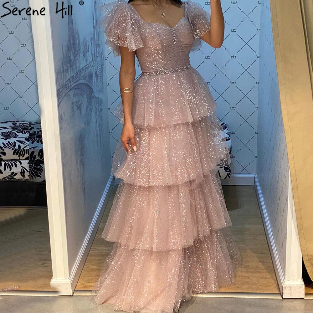 Rosa Sexy Luxus Abendkleider Kleider 2025 A-Linie Glitter Tiered Prinzessin Für Frauen Party LA70924 