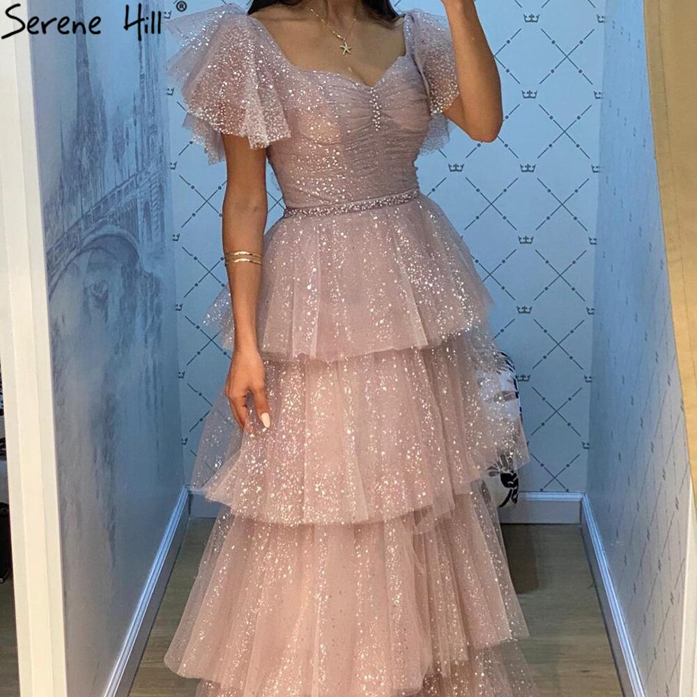 Rosa Sexy Luxus Abendkleider Kleider 2025 A-Linie Glitter Tiered Prinzessin Für Frauen Party LA70924 