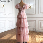 Rosa Sexy Luxus Abendkleider Kleider 2025 A-Linie Glitter Tiered Prinzessin Für Frauen Party LA70924 