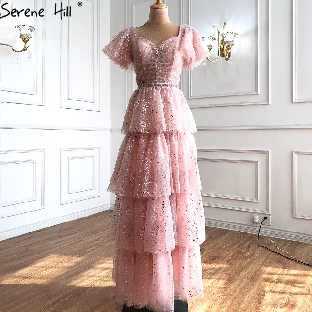 Rosa Sexy Luxus Abendkleider Kleider 2025 A-Linie Glitter Tiered Prinzessin Für Frauen Party LA70924 