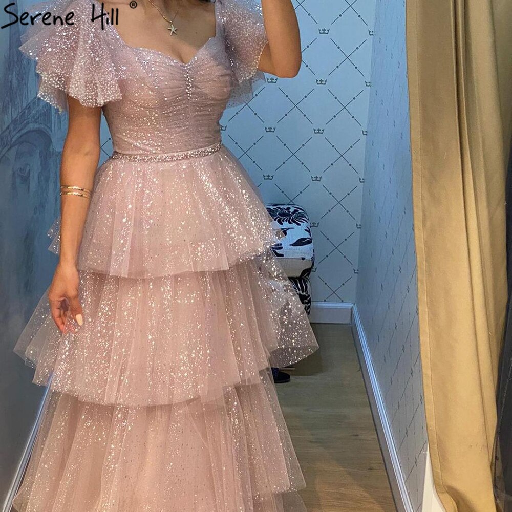 Rosa Sexy Luxus Abendkleider Kleider 2025 A-Linie Glitter Tiered Prinzessin Für Frauen Party LA70924 