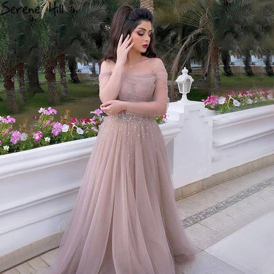 Vestidos de fiesta sexys rosas largos 2025 con cuentas, mangas largas, corte A, para graduación, escuela, LA71222 