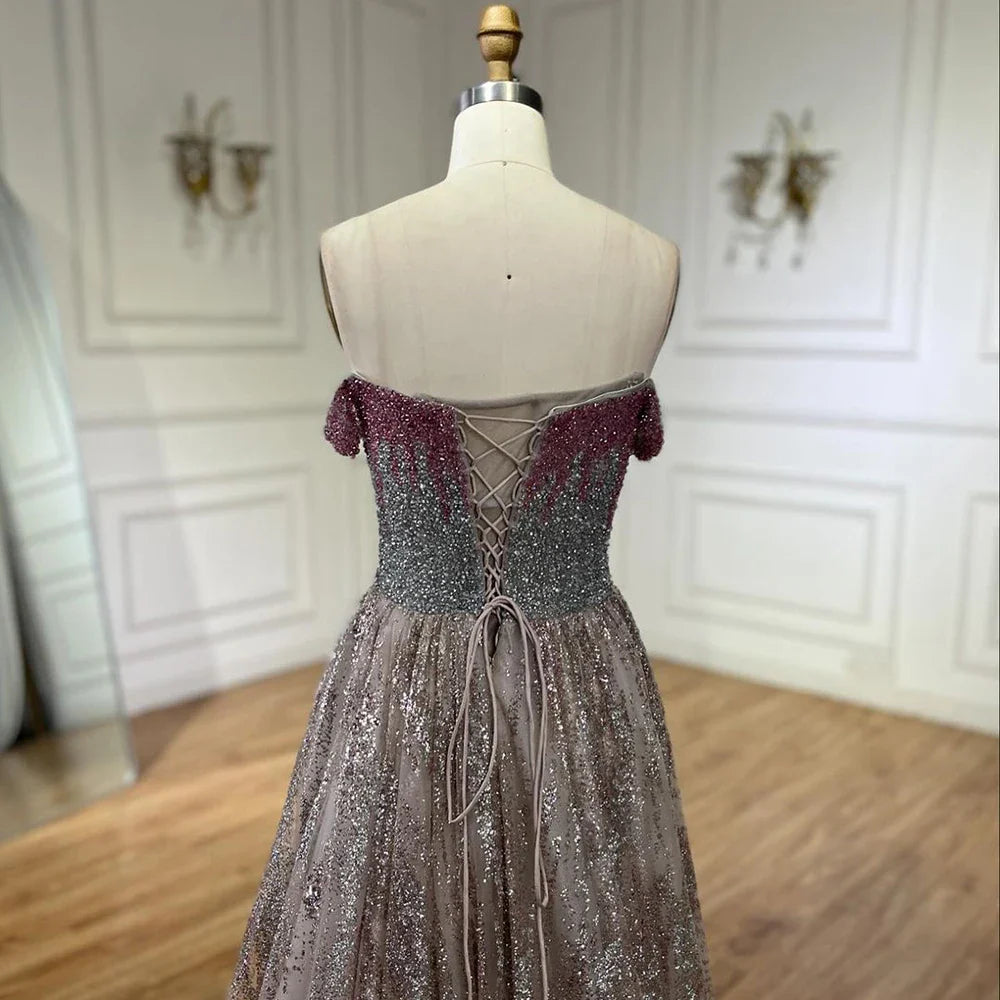 Rosa Spaghetti Strap A-Linie Perlen Luxus Dubai Lange Abendkleider Kleider für Frau Hochzeit Party 2025 LA72507 
