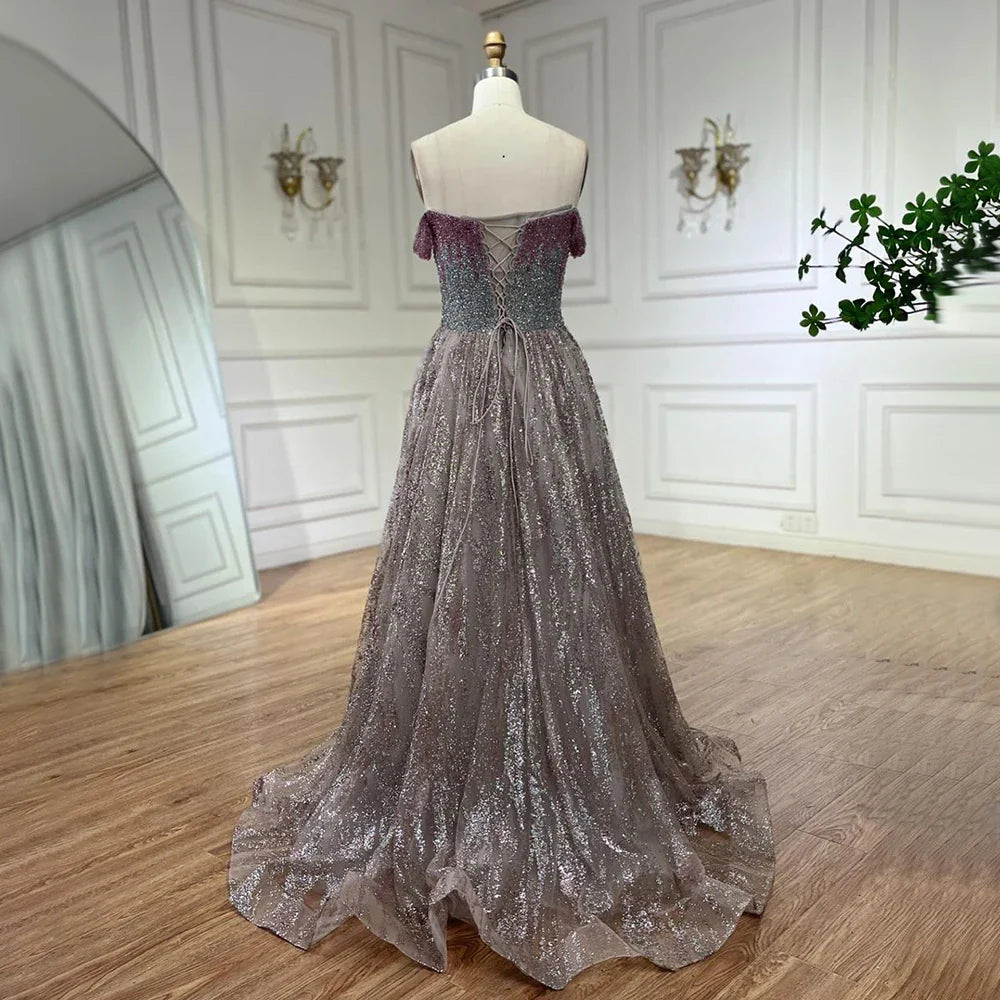 Rosa Spaghetti Strap A-Linie Perlen Luxus Dubai Lange Abendkleider Kleider für Frau Hochzeit Party 2025 LA72507 