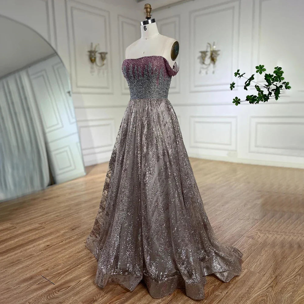 Rosa Spaghetti Strap A-Linie Perlen Luxus Dubai Lange Abendkleider Kleider für Frau Hochzeit Party 2025 LA72507 