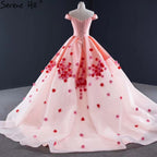 Rosa Liebsten Satin Brautkleider 2025 Handgemachte Blumen Lace Up Sexy Brautkleid HM66752 