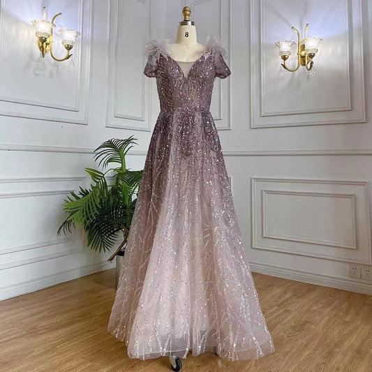 Vestido de noche árabe morado, corte en A, sexy, con escote en V, cuentas y plumas, elegante, para mujer, fiesta, LA71805A 