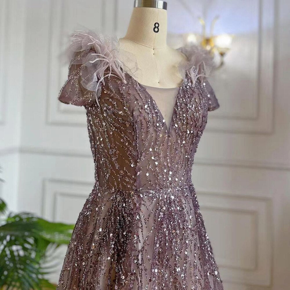 Lila A-Linie Sexy V-Ausschnitt Perlen Feder Arabisch Abendkleider Kleider 2025 Für Frauen Elegante Party LA71805A 