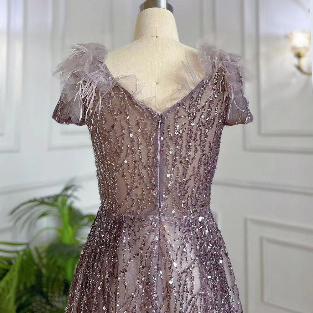 Lila A-Linie Sexy V-Ausschnitt Perlen Feder Arabisch Abendkleider Kleider 2025 Für Frauen Elegante Party LA71805A 