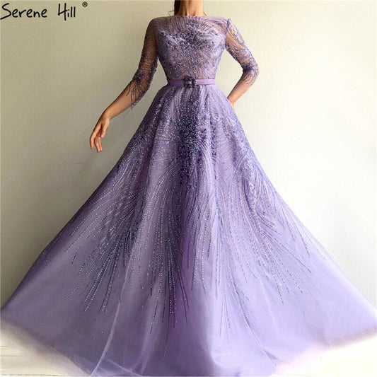 Vestidos de noche morados con fajas y cuentas, corte A, mangas largas, elegantes y de lujo para mujer, para fiestas, LA70138 
