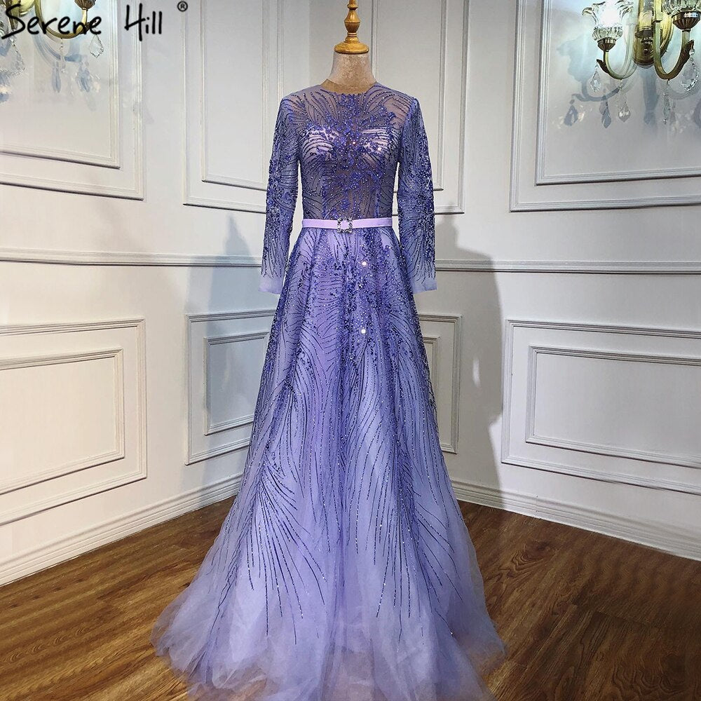 Vestidos de noche morados con fajas y cuentas, corte A, mangas largas, elegantes y de lujo para mujer, para fiestas, LA70138 
