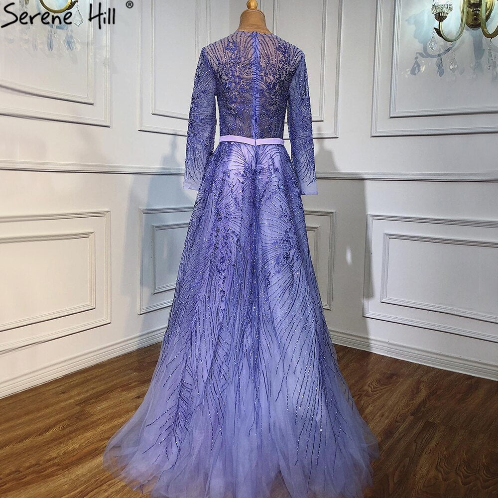 Vestidos de noche morados con fajas y cuentas, corte A, mangas largas, elegantes y de lujo para mujer, para fiestas, LA70138 