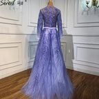 Vestidos de noche morados con fajas y cuentas, corte A, mangas largas, elegantes y de lujo para mujer, para fiestas, LA70138 