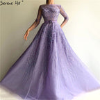 Vestidos de noche morados con fajas y cuentas, corte A, mangas largas, elegantes y de lujo para mujer, para fiestas, LA70138 