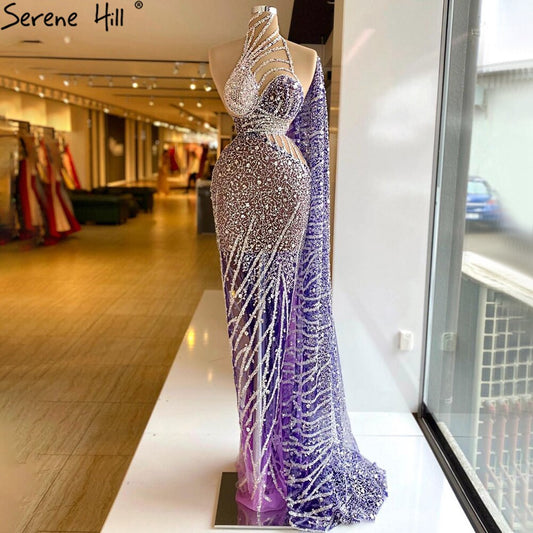 Elegante vestido de noche morado de sirena, con mangas abullonadas y cuentas, para mujer, para fiesta, LA71242 