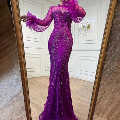 Vestido de noche elegante de sirena morado con cuello alto, mangas largas y cuentas, de lujo, para mujer, fiesta, LA71690 