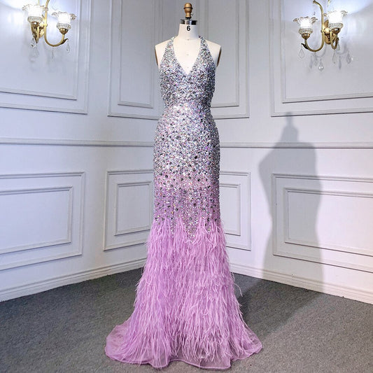 Vestido de noche elegante y sexy de sirena morada con tirantes finos, de lujo, con plumas y cuentas brillantes, para mujer 2025 LA71736 
