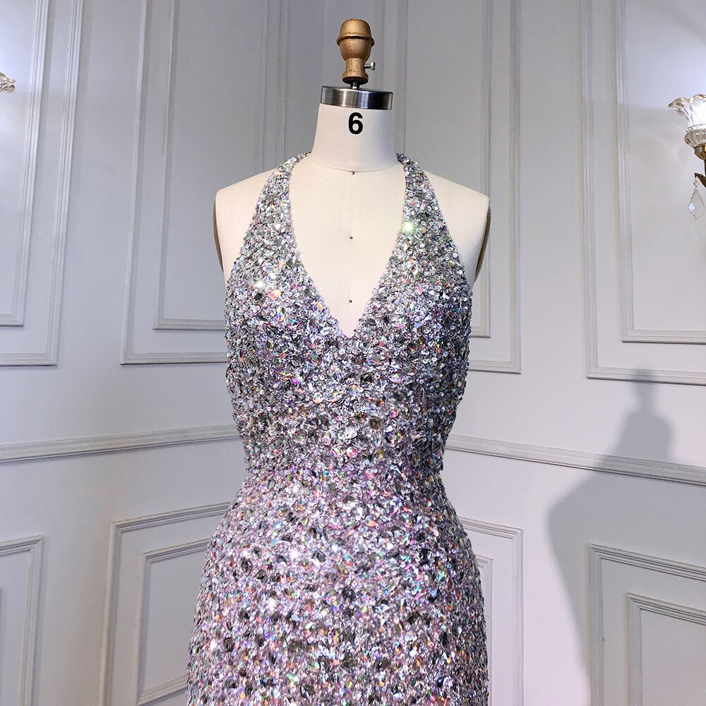 Vestido de noche elegante y sexy de sirena morada con tirantes finos, de lujo, con plumas y cuentas brillantes, para mujer 2025 LA71736 