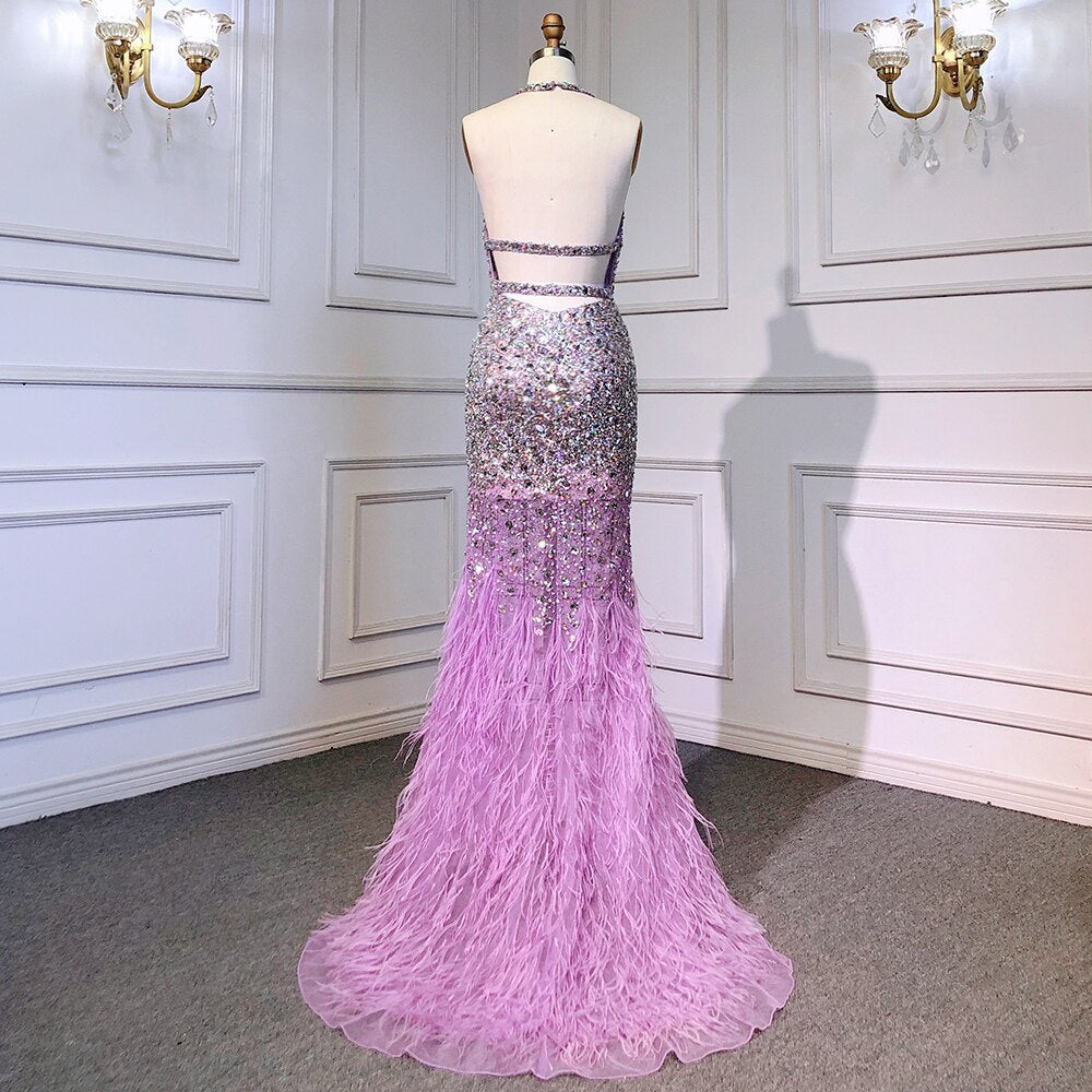 Lila Meerjungfrau Elegante Sexy Spaghetti-trägern Abendkleider Kleider Luxus Feder Glänzende Perlen 2025 Frau LA71736 