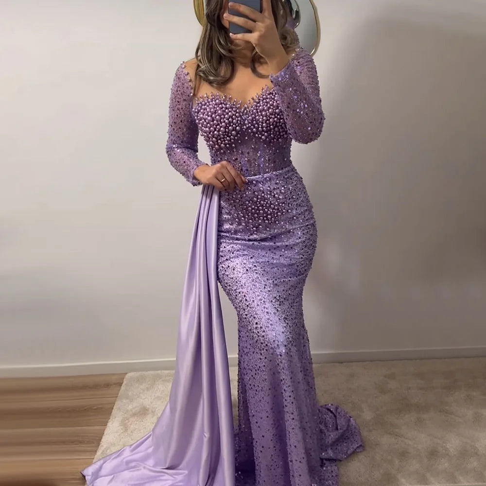Lila Meerjungfrau Elegant Mit Überrock Luxus Perlen Perlen Abendkleider Kleider für Frauen Hochzeit Party LA72429 