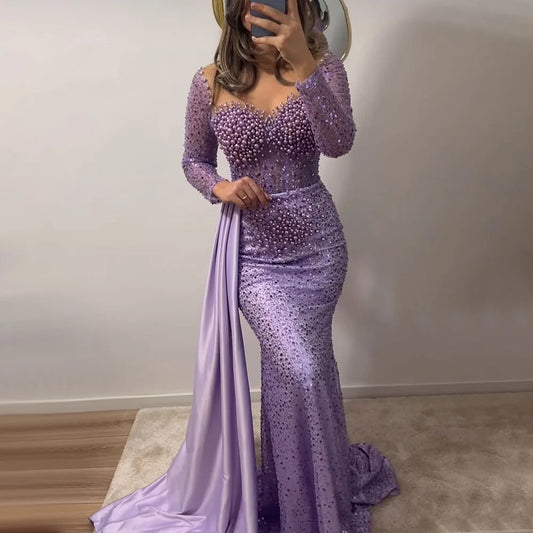 Elegante vestido de noche morado de sirena con sobrefalda y perlas de lujo para mujer, ideal para bodas y fiestas LA72429 