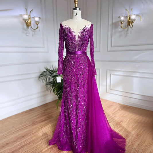 Elegante vestido de noche morado de sirena con falda de encaje y cuentas, ideal para bodas 2025 LA71752 