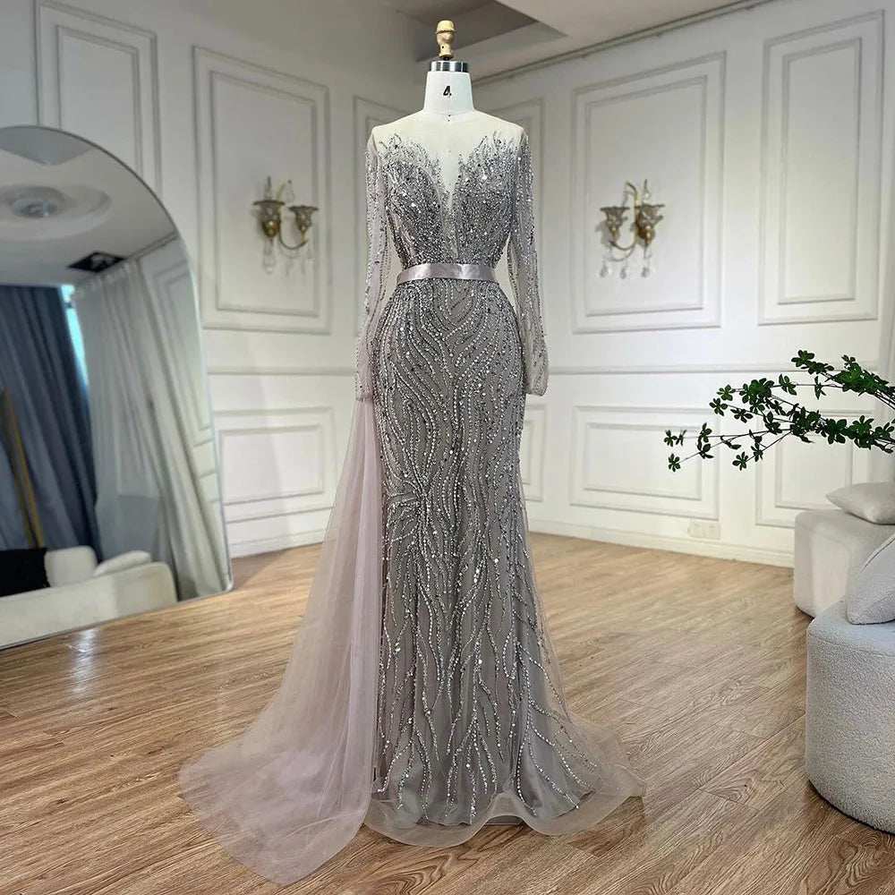 Elegante vestido de noche morado de sirena con falda de encaje y cuentas, ideal para bodas 2025 LA71752 