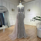 Elegante vestido de noche morado de sirena con falda de encaje y cuentas, ideal para bodas 2025 LA71752 