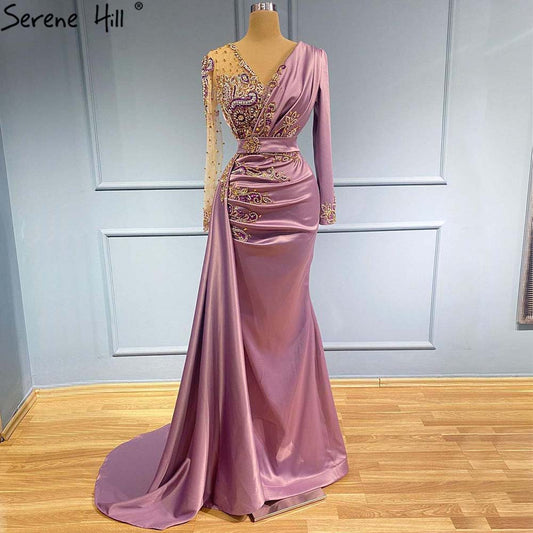 Vestidos de noche de satén sirena morados 2025, elegantes vestidos de lujo con cuentas para mujer, fiesta LA71364 