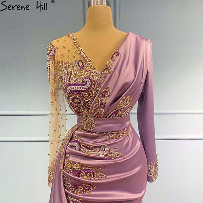 Vestidos de noche de satén sirena morados 2025, elegantes vestidos de lujo con cuentas para mujer, fiesta LA71364 