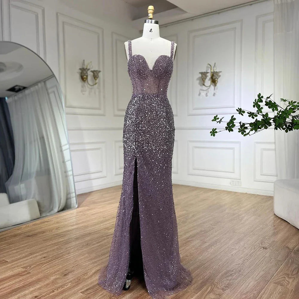 Lila Spaghetti-Trägern Meerjungfrau Perlen Party High Split Abendkleider Kleider für Frau Hochzeit Party 2025 LA72454 