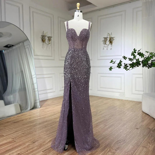 Vestido de noche morado con tirantes finos, corte sirena, cuentas y abertura alta para mujer, para boda, 2025, LA72454 