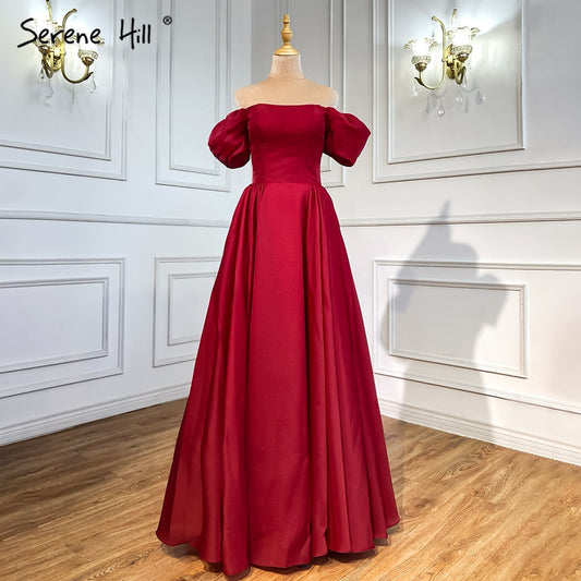 Vestidos de noche rojos de satén con corte en A, sencillos, con hombros descubiertos y sexys, para mujer, para fiestas, LA71286 