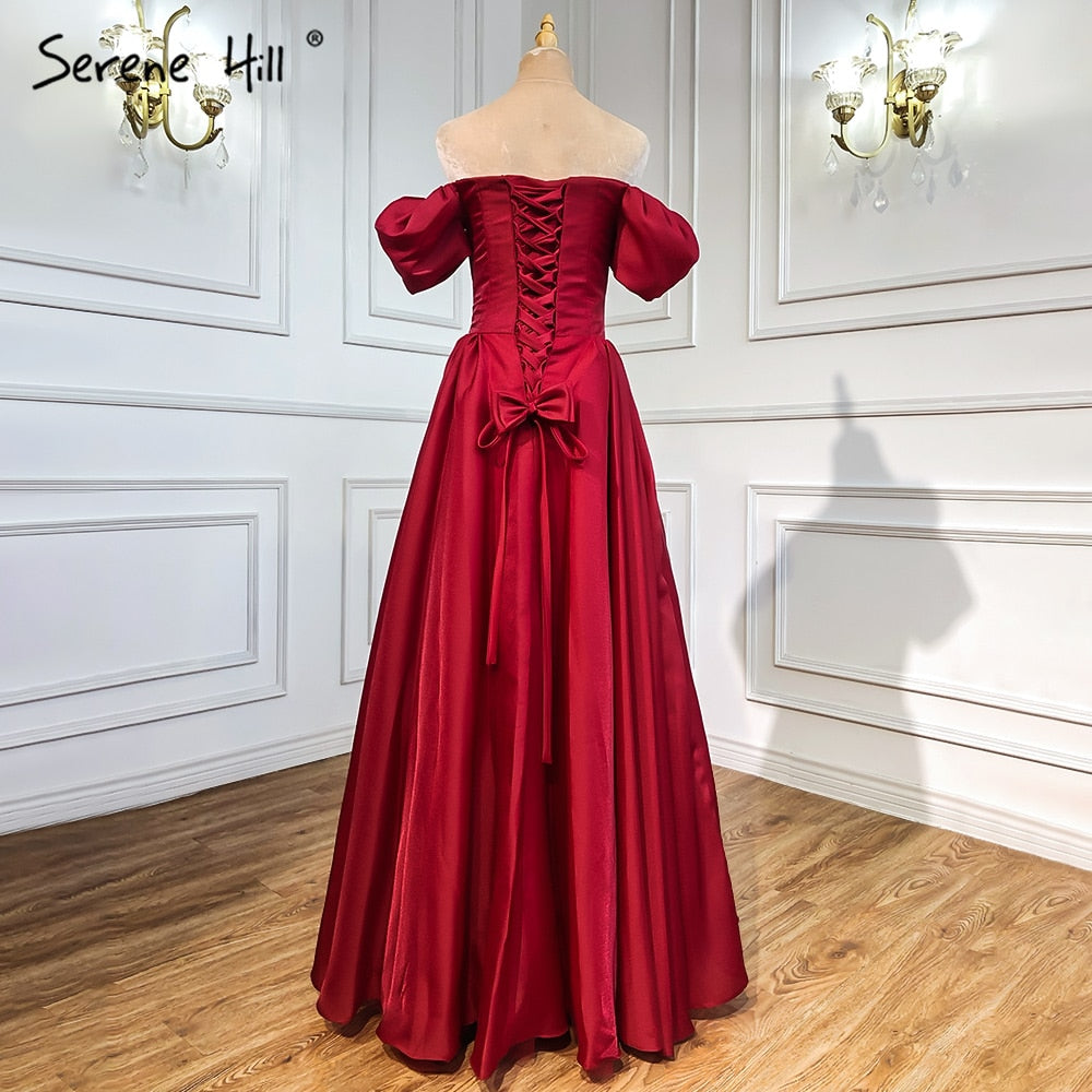 Vestidos de noche rojos de satén con corte en A, sencillos, con hombros descubiertos y sexys, para mujer, para fiestas, LA71286 