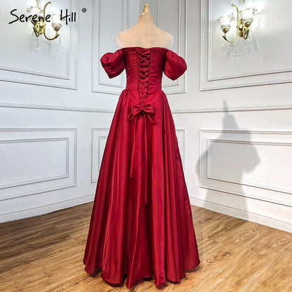 Vestidos de noche rojos de satén con corte en A, sencillos, con hombros descubiertos y sexys, para mujer, para fiestas, LA71286 