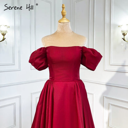 Vestidos de noche rojos de satén con corte en A, sencillos, con hombros descubiertos y sexys, para mujer, para fiestas, LA71286 