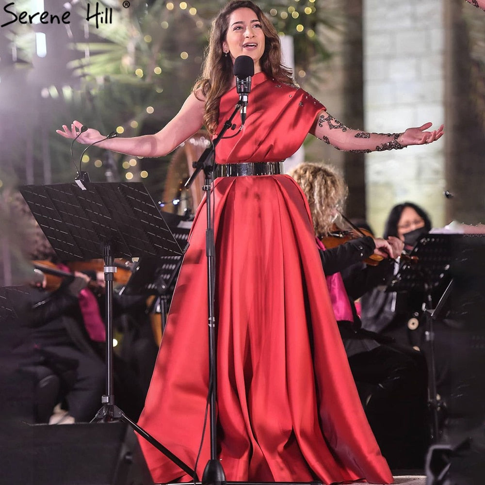 Vestido de noche sexy de satén rojo con cuentas, corte A, un hombro, para mujer, fiesta, LA71136 