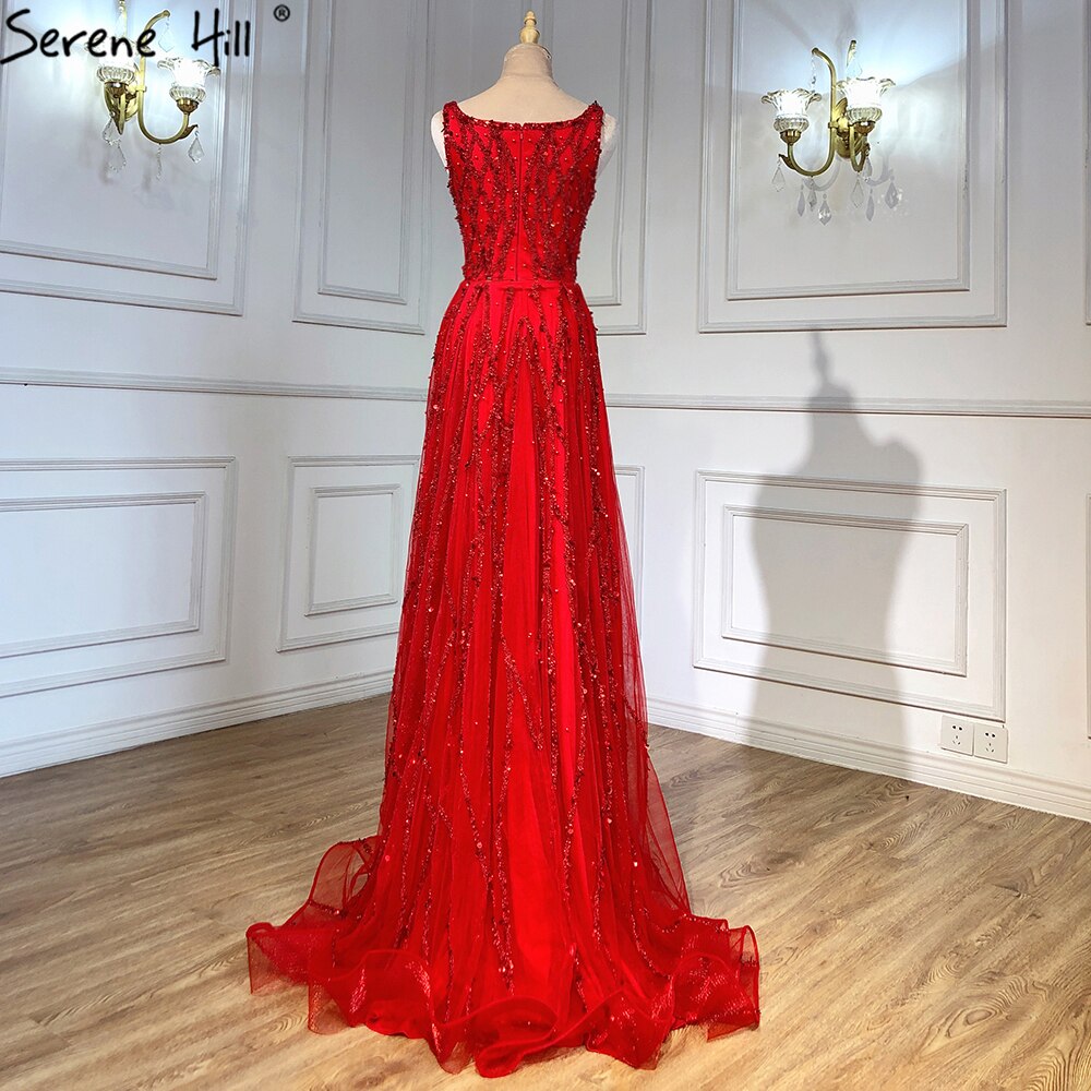 Rotes, perlenbesetztes, geschlitztes Meerjungfrau-Abendkleid im ärmellosen Stil LA70765