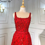 Rotes, perlenbesetztes, geschlitztes Meerjungfrau-Abendkleid im ärmellosen Stil LA70765