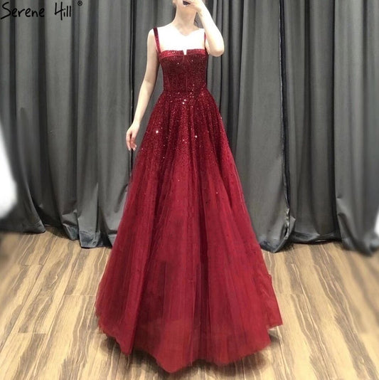 Vestidos de noche rojos con cuentas 2025, sin mangas, corte A, de lujo, hasta el suelo, diseño formal LA70600